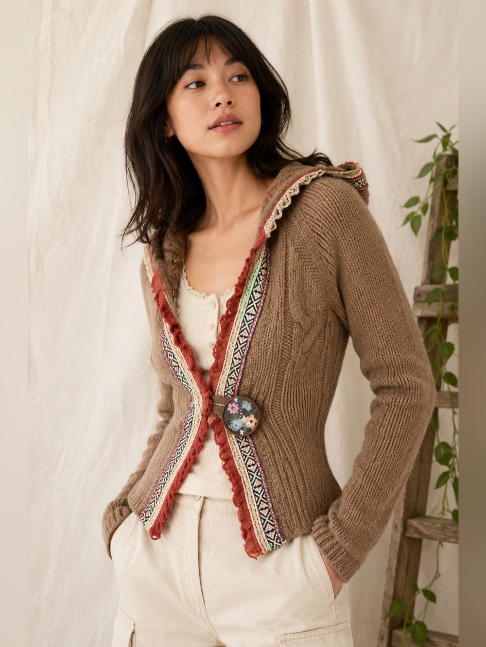 Free People Brown Hooded Cardigan with Rust Trim and Multicolor Embroidery